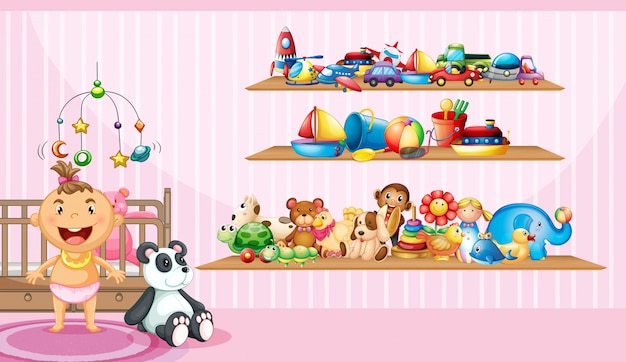 Vector baby girl and many toys in bedroom