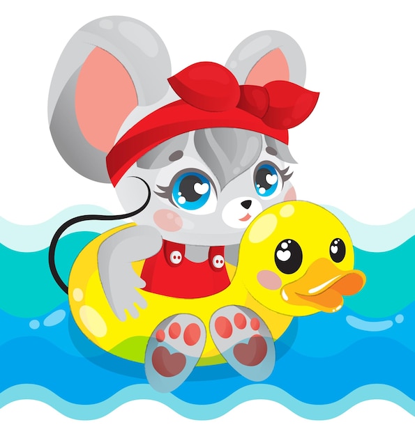 Baby girl mouse bathes in the waves with a swimming circle in the form of a duck