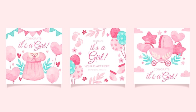 Vector baby girl pink square post set in watercolor style