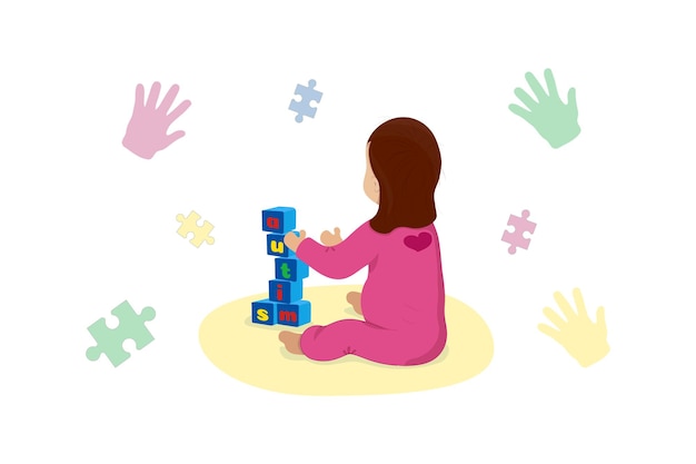 Baby girl play with blocks Cubes tower letters autism Vector Isolated World Autism Awareness Day