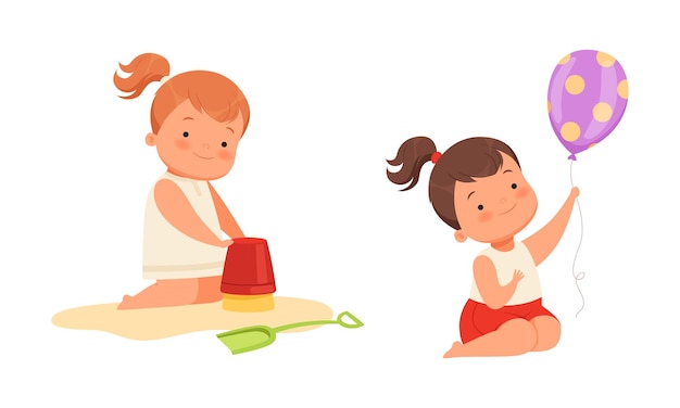 Baby Girl Playing with Pail in Sandpit and Holding Balloon by String Vector Set