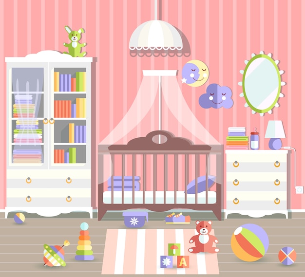 Baby girl room with furniture. Stylish cute pink colors.