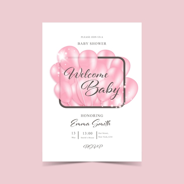 Vettore baby girl doccia carta invito illustrazione vettoriale con palloncini rosa