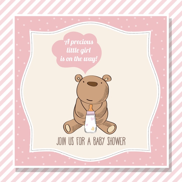 Baby girl shower card with little  teddy bear