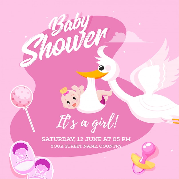 Baby girl shower celebration invitation card design with stork l