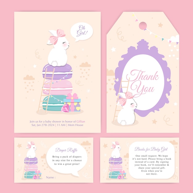 Baby girl shower invitation with cute bunny and macaroons