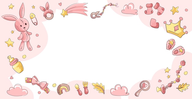 Baby girl shower vector background with pink elements Cute cartoon Card for baby newborn with space