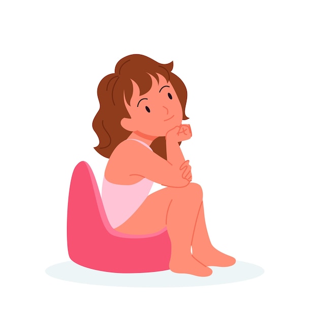 Vector baby girl sitting on pink plastic potty cute kid using pot child learning to use toilet