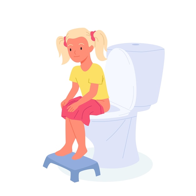 Vector baby girl sitting on toilet bowl with foot bench funny kid spending time in wc restroom