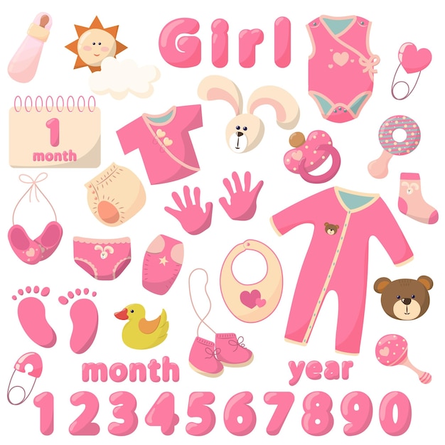 Baby girl sticker set First year of life Diapers pacifier rattles calendar clothes panties shirts