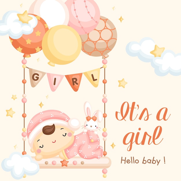 Vector baby girl on swing balloon arrival card