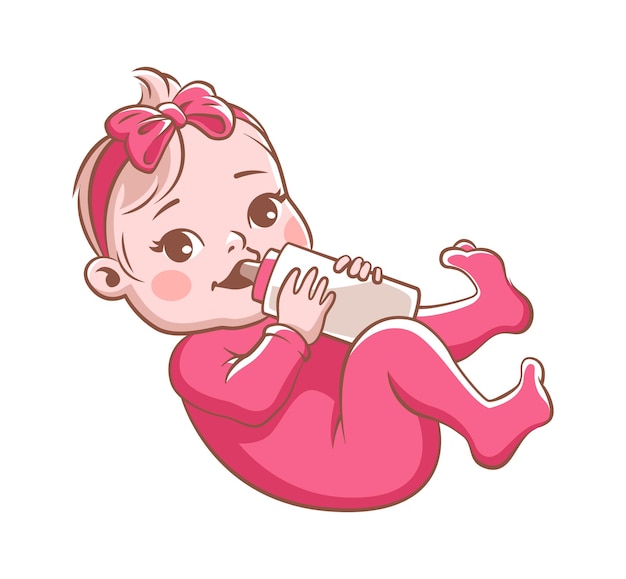 Baby girl with bottle. Cute little fun newborn eating after sleeping, happy smiling playing toddler