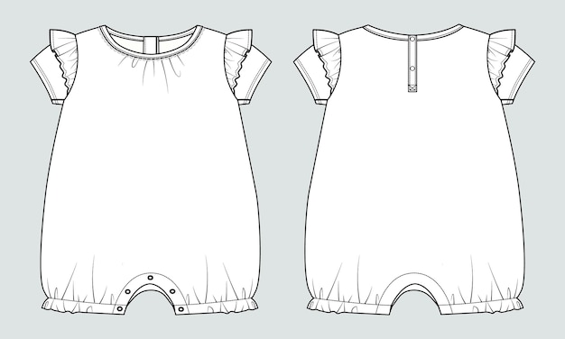 Vector baby girls romper suit dress design vector illustration template front and back views