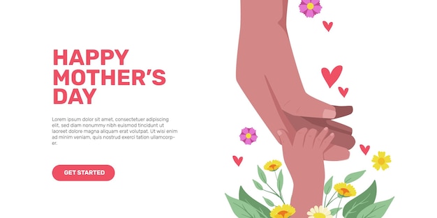 ベクトル 母の日を愛するママの手をつなぐ赤ちゃんの手は、美しさの花の花とかわいいイラストを祝う