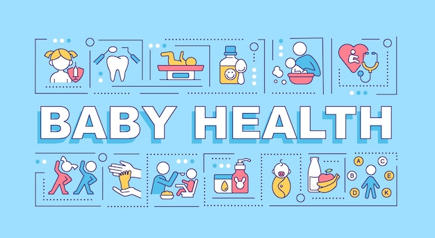 赤ちゃんの健康の言葉の概念のバナー 心身の健康 青い背景に線形アイコンとインフォグラフィック 孤立した創造的なタイポグラフィ テキストとベクトルアウトラインカラーイラスト プレミアムベクター