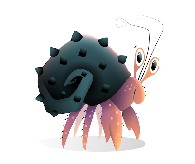 Vettore granchio eremita con guscio nero creatura carina