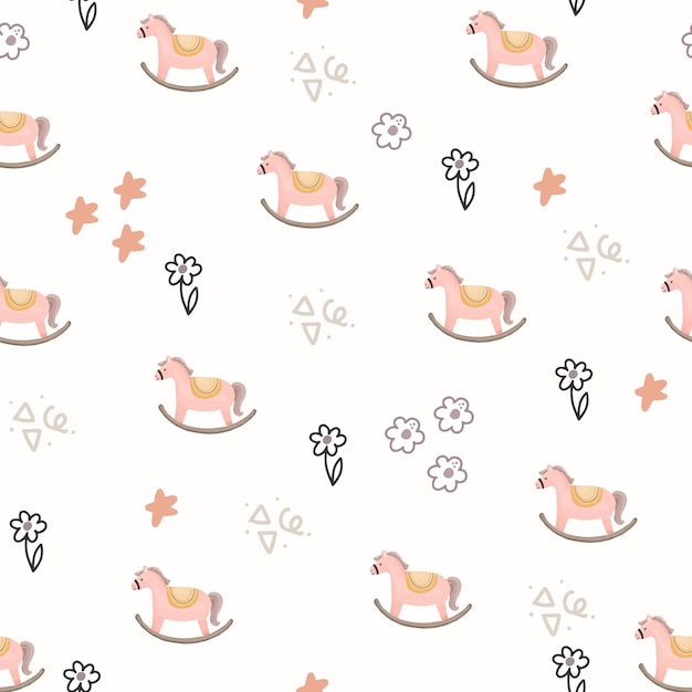 Baby horse pony toy and flower nursery seamless pattern background design illustration