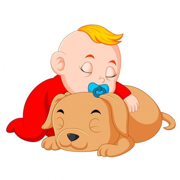 a baby hugging little dog