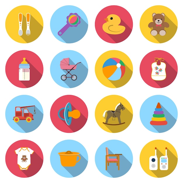 Baby icons Set colored icons of toys and child care articles Icons vector illustration in flat design with long shadowxA