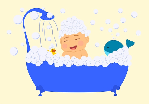 Baby in badschuim Uitstekende bad en zeepschuimbellen op beige illustratie als achtergrond