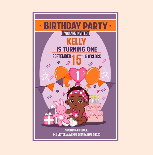 Carta dell'invito del primo compleanno afroamericano della ragazza del bambino neonato bambino