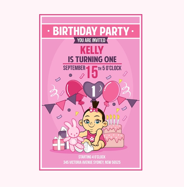 Vector baby infant toddler girl first birthday party invitation card