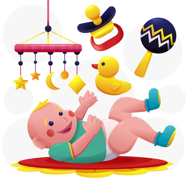 Baby items icon set with toys and accessory for kids in cartoon style