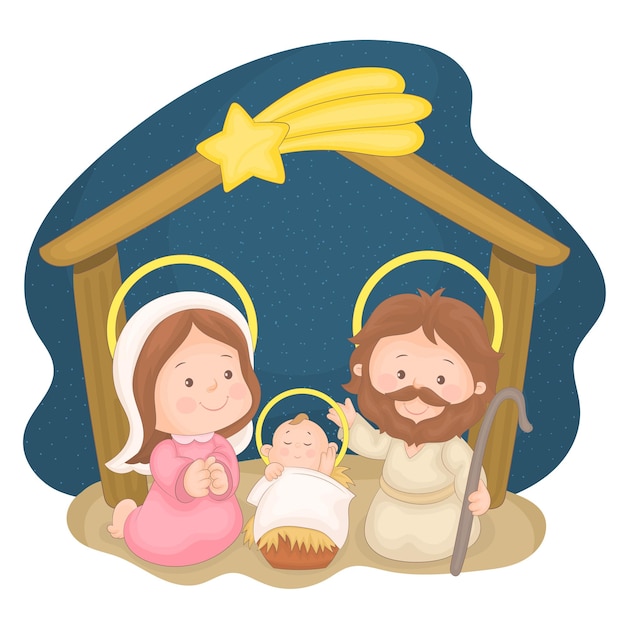 Vector baby jesus mary and joseph in a humble refuge