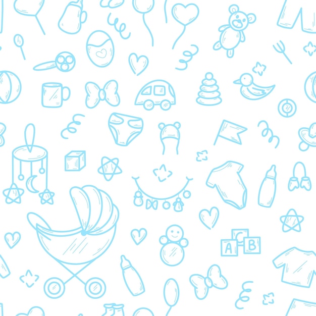Baby jongen doodle naadloze patroon achtergrond met speelgoed en kinderartikelen in blauw Template