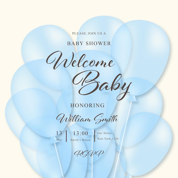 Baby jongen douche kaart uitnodiging vectorillustratie met blauwe ballonnen