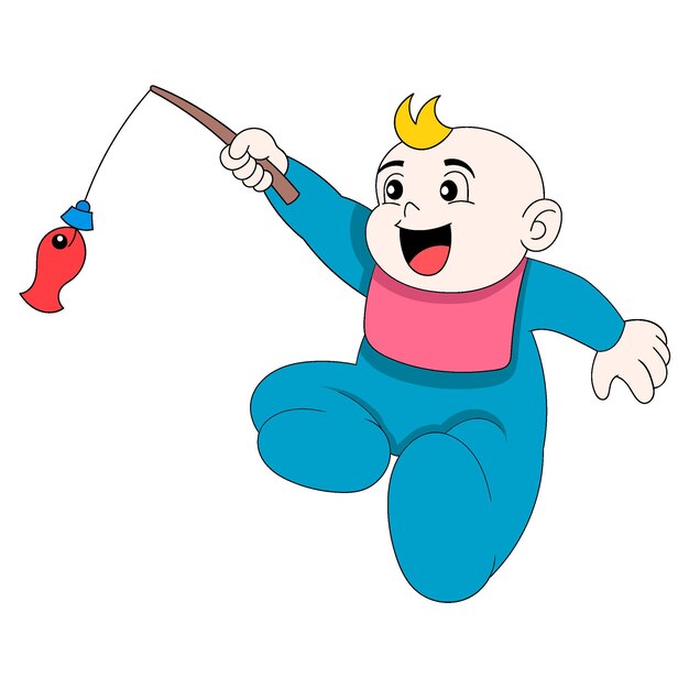 Baby jongen zit met vis speelgoed te spelen