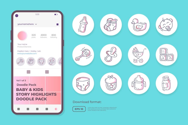 Baby and kids care doodle icons for newborn with toys, food, accessories. sign symbol set for social media Highlight  