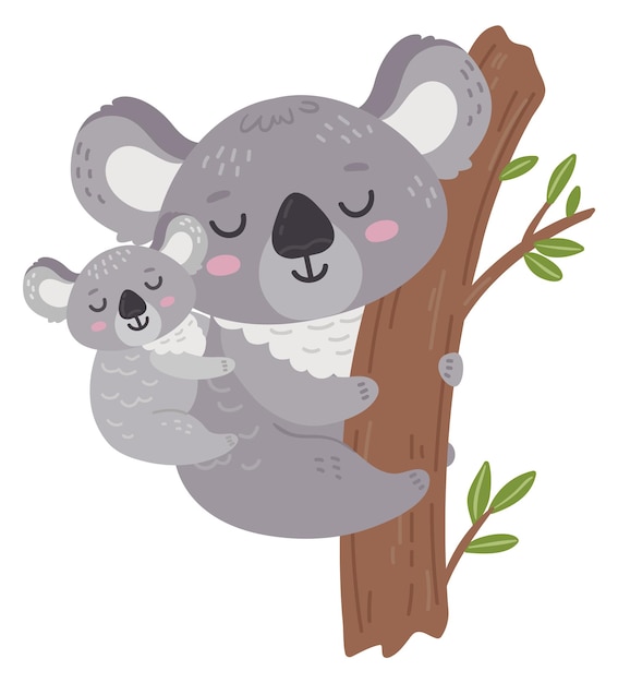 Vector baby koala with mom on tree happy cute animals isolated on white background