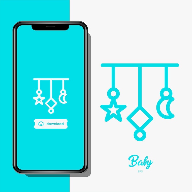 베이비 라인 플랫 아이콘 세트 및 스마트폰 벡터