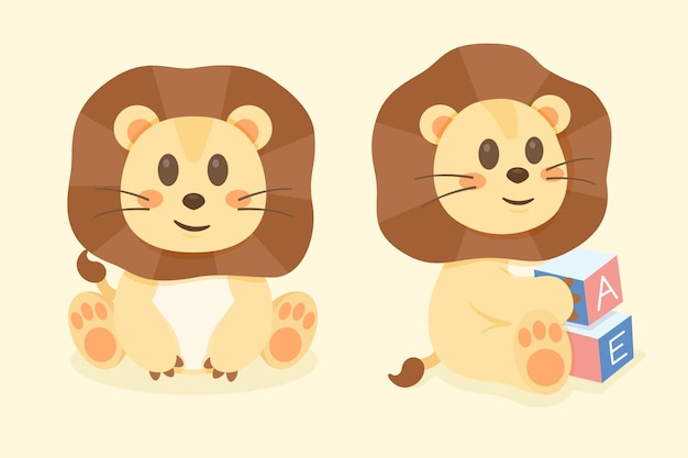 Vector baby lion playing with baby toys on the floor, cute animal illustration