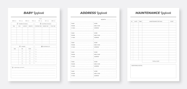 Baby Log Book Address Log Book Maintenance Log Book Minimalist planner pages templates