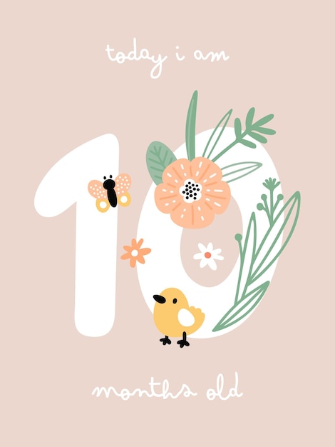 Vector baby milestone card with flowers and numbers for newborn girl or boy