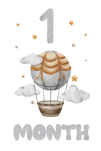 Baby Milestone Card with Hot Air Balloon clouds and stars Baby's twelve month Card for kids' photos