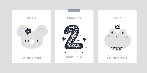 Baby milestone step cards with cartoon baby animals for newborn girl or boy. baby shower print