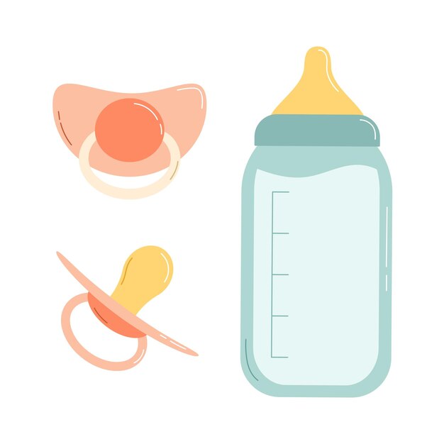 Baby milk bottle and pacifier Flat vector illustration isolated on white