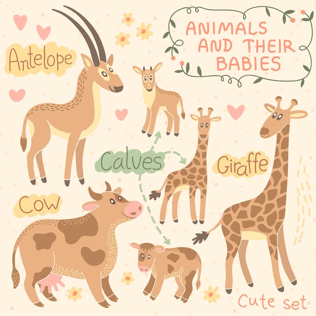 Baby and mommy animal set. antelope, giraffe, cow.