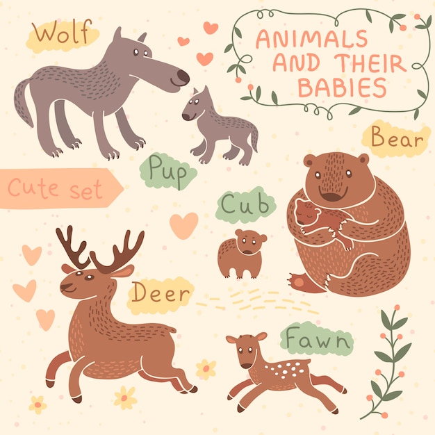 Baby and mommy animal set. wolf, bear, deer.