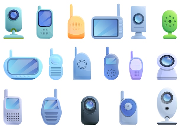 Baby monitor icons set, cartoon style