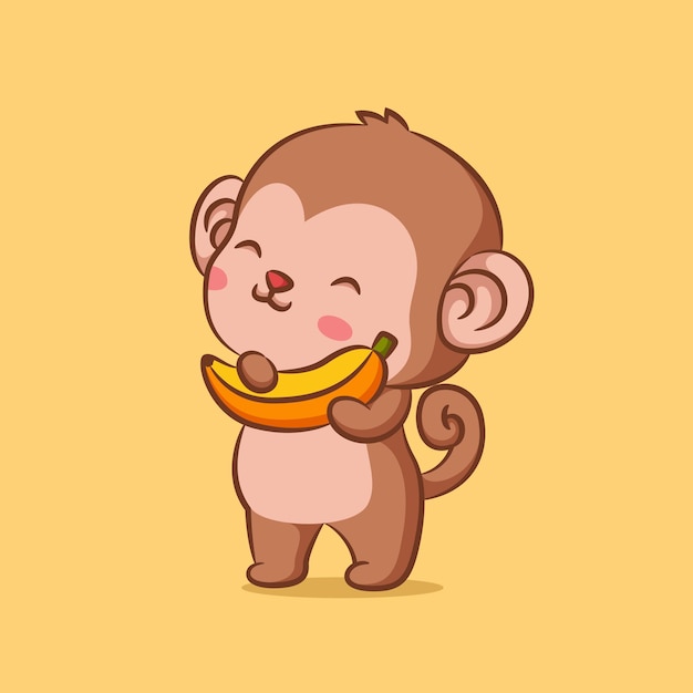 детеныш обезьяны стоит и держит банан