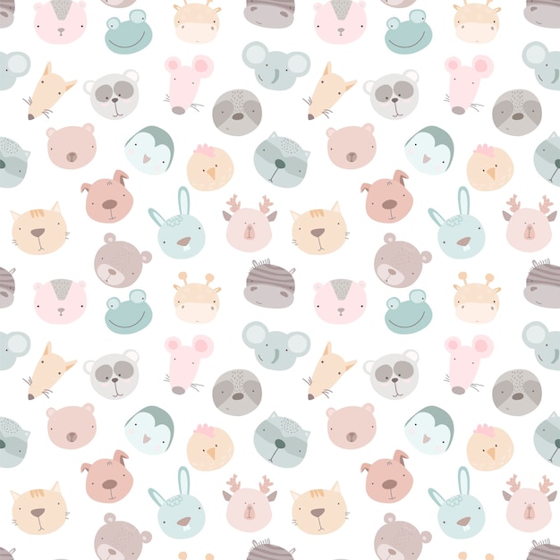 Baby naadloos patroon met hand getrokken dieren. naadloze achtergrond met schattige dieren hoofd. kinderachtige stijl geweldig voor stof en textiel, wallpapers, achtergronden.