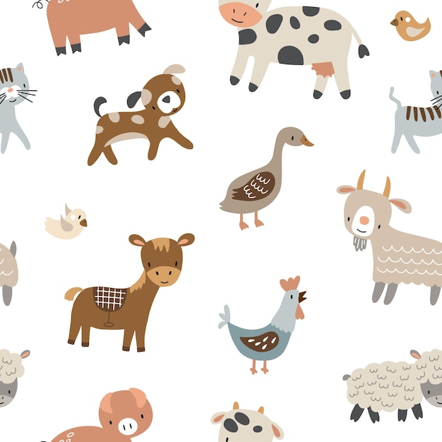 Baby naadloze vectorillustratie met lam ezel kip koe geit hond kat varken op witte achtergrond patroon van landbouwhuisdieren voor stof kinderkamer decoratie inpakpapier