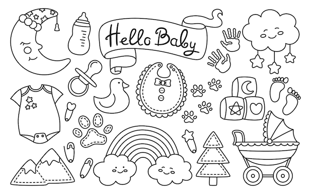 Vector baby newborn nursery objects linear doodle set birthday child memory scrapbook line kids accessory