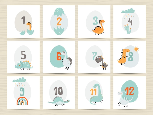 Вектор Детские числовые карточки для новорожденных принты с изображением милых динозавров по месяцам