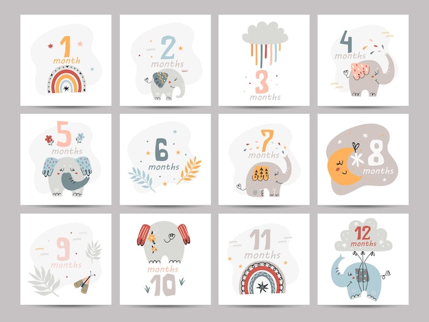 Vector baby number cards for newborns prints featuring cute elephants by month