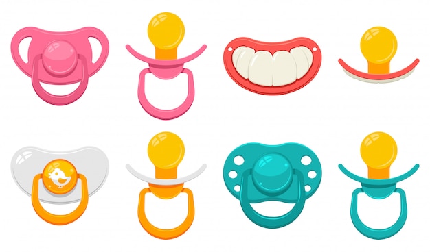 Vector baby pacifier in different type for boys and girls   cartoon set isolated on a white background.